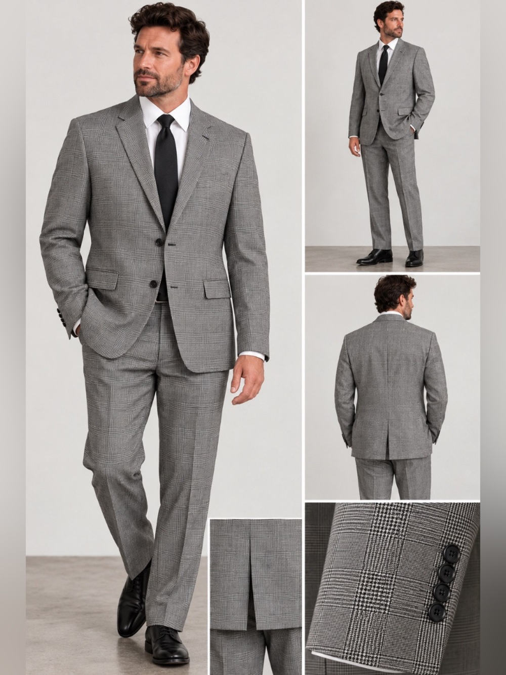 Jos A Bank Mens 48R 43R Pant Grey Glen Plaid 100% Wool 2 Piece Suit